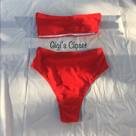 Bandeau Bikini High Waisted RED - Picture 3 of 8